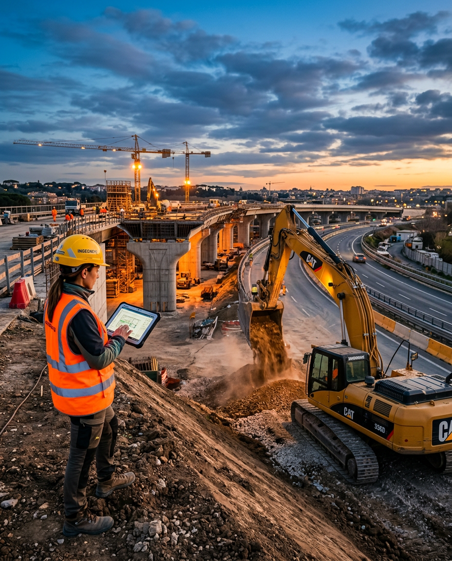Geo-Ambiente-02 Foto ad alto impatto visivo di un cantiere di ingegneria civile/stradale al tramonto, con un escavatore o trattore in azione e un ingegnere con casco protettivo e tablet in mano che osserva la struttura.